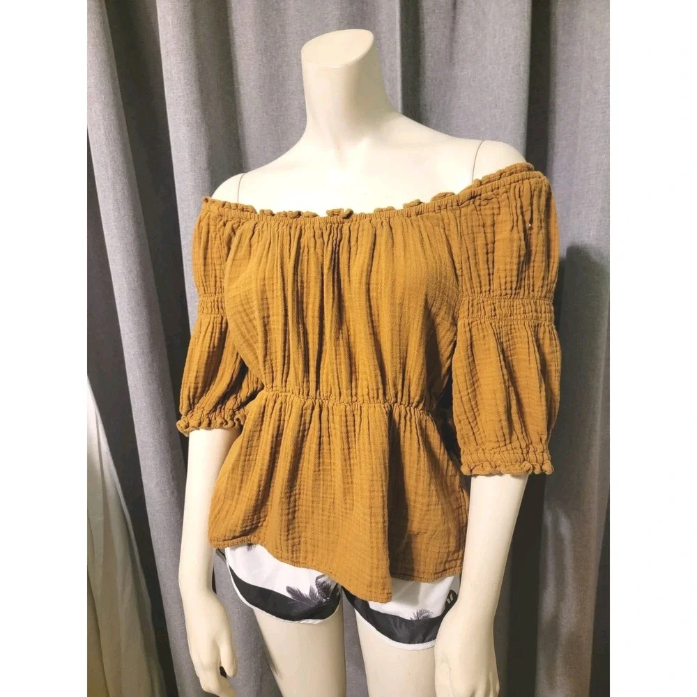 Puff Sleeve Caramel Brown Shirred Cotton Babydoll‎ Blouse SZ M Milkmaid Old Navy